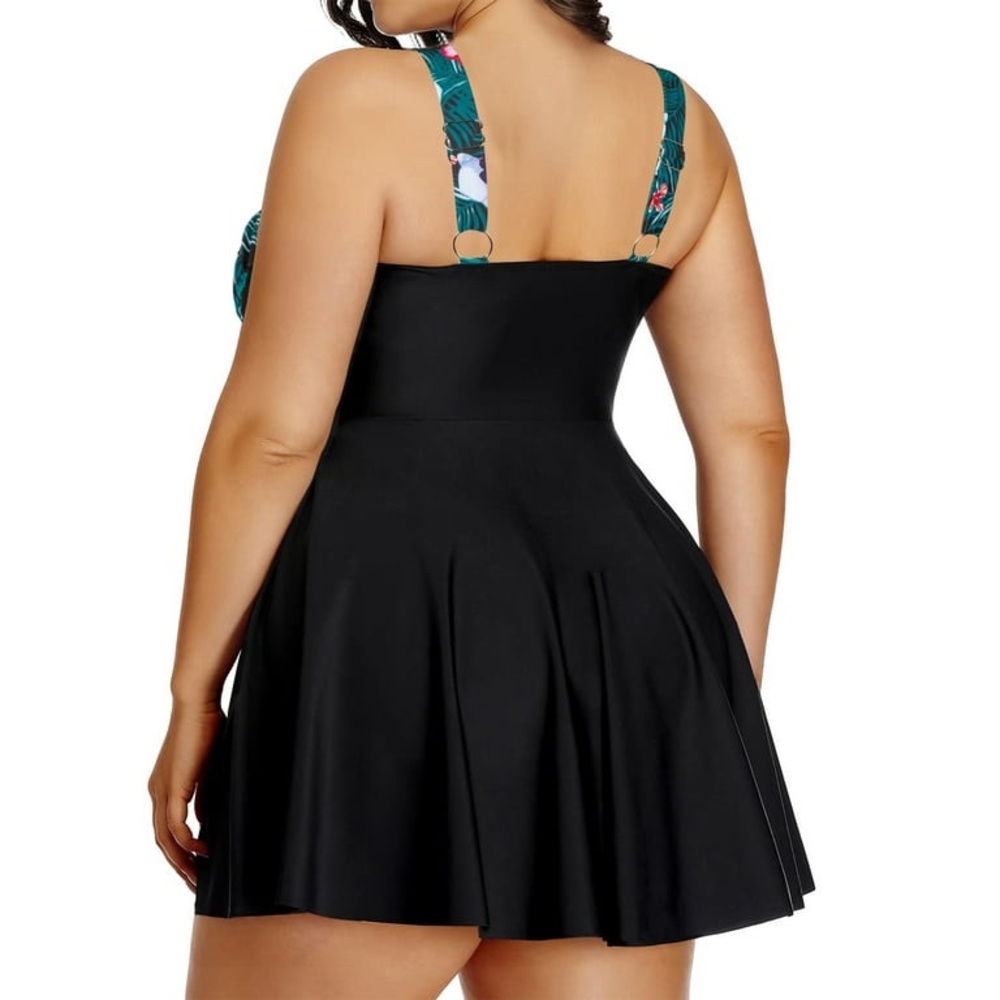 Chama Plus Size Flowy Swimdress Retro Printed Swimsuit Empire Waist Tankini - Picture 2 of 10